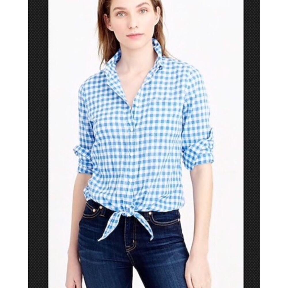 J.Crew Cotton Gingham Club-Collar Button-Up Shirt Blue White Size 0 F0872 NWT